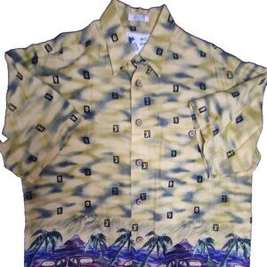 M. E. Sport Hawaiian Style Shirt Small‎ Yellow Woody's Auto & Palm Trees